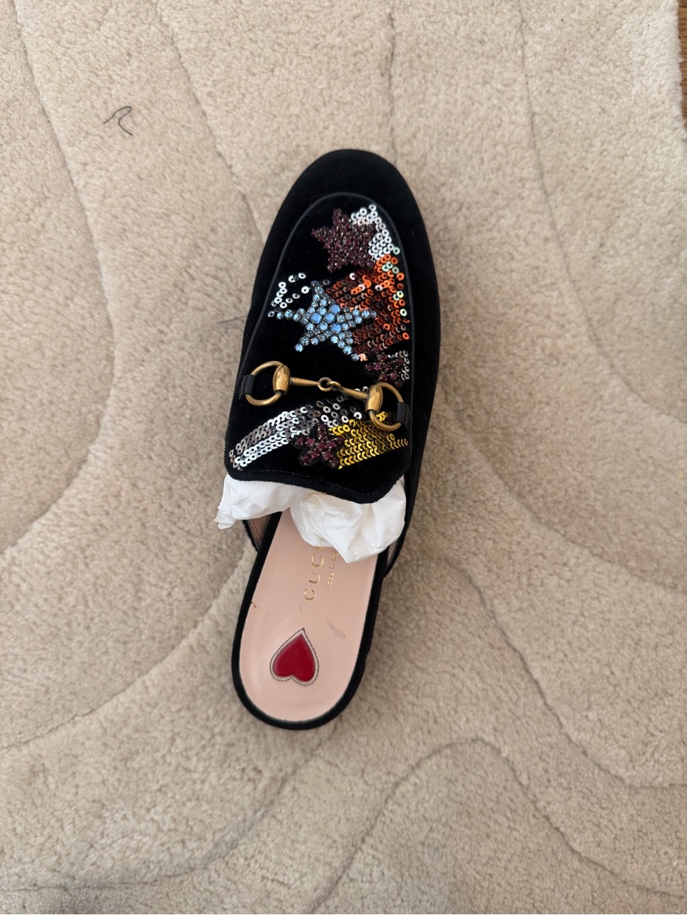 Gucci Princetown Black Velvet Star Loafers
